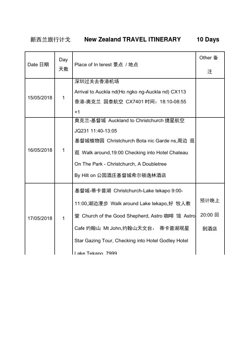 新西兰旅行计划日行程单签证