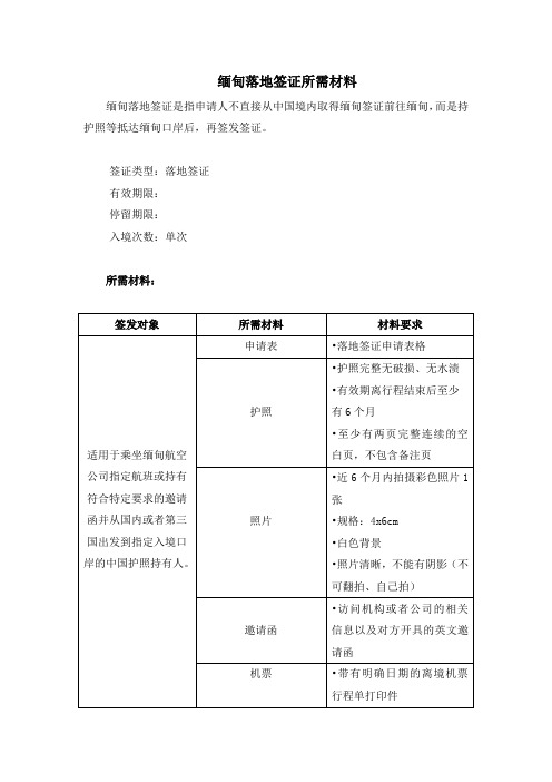 缅甸落地签证所需材料