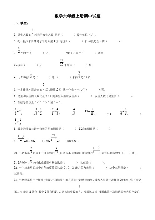 人教版数学六年级上学期《期中测试题》含答案解析