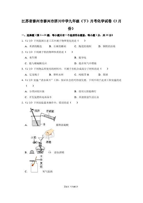 江苏省泰州市泰兴市济川中学九年级(下)月考化学试卷(3月份)