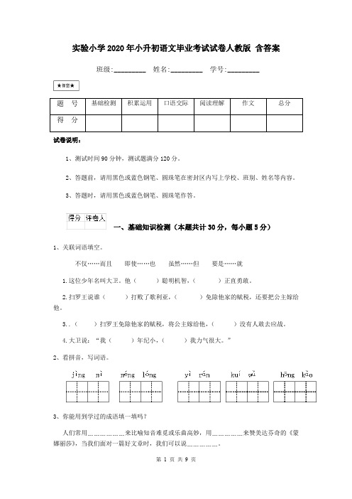 实验小学2020年小升初语文毕业考试试卷人教版 含答案