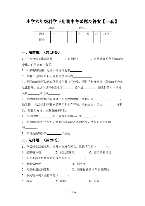 小学六年级科学下册期中考试题及答案【一套】