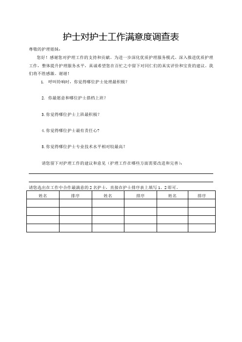 医生对护理工作满意度调查表