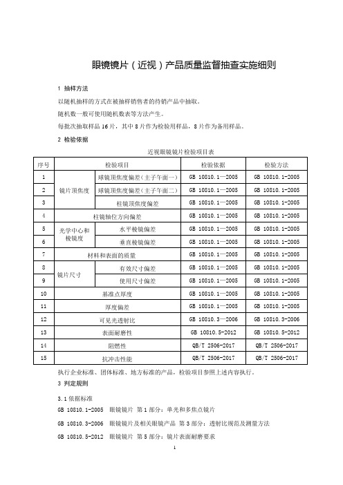 眼镜镜片(近视)产品质量监督抽查实施细则