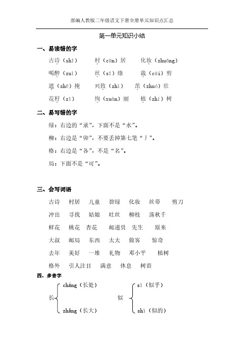 部编人教版二年级语文下册全册单元知识点汇总