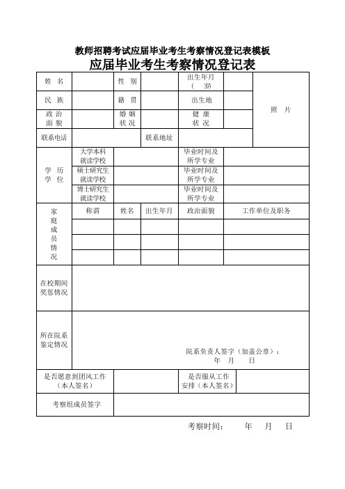 教师招聘考试应届毕业考生考察情况登记表模板