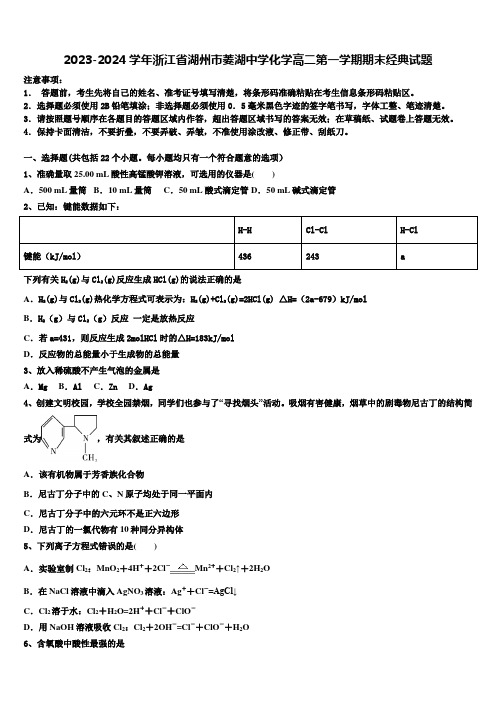 2023-2024学年浙江省湖州市菱湖中学化学高二第一学期期末经典试题含解析