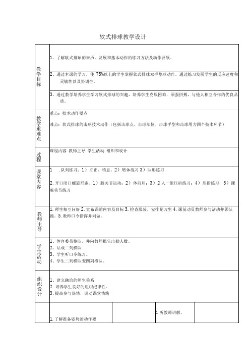 人教版六年级上册体育软式排球 (教学设计)