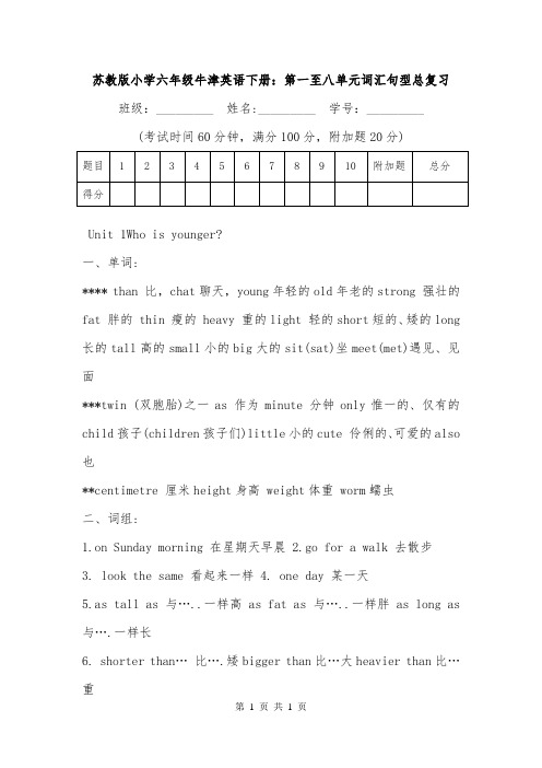 苏教版小学六年级牛津英语下册：第一至八单元词汇句型总复习