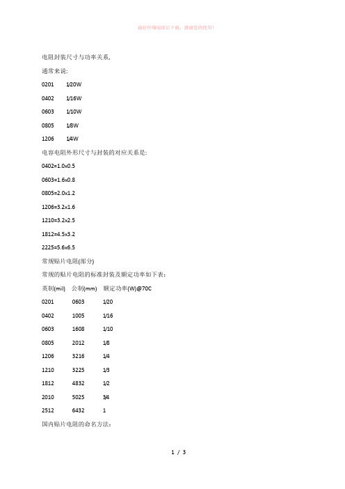 电阻封装尺寸与功率关系