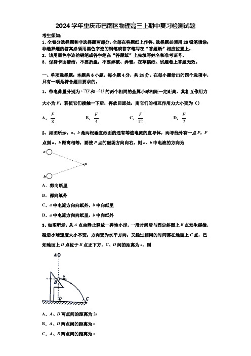 2024学年重庆市巴南区物理高三上期中复习检测试题含解析