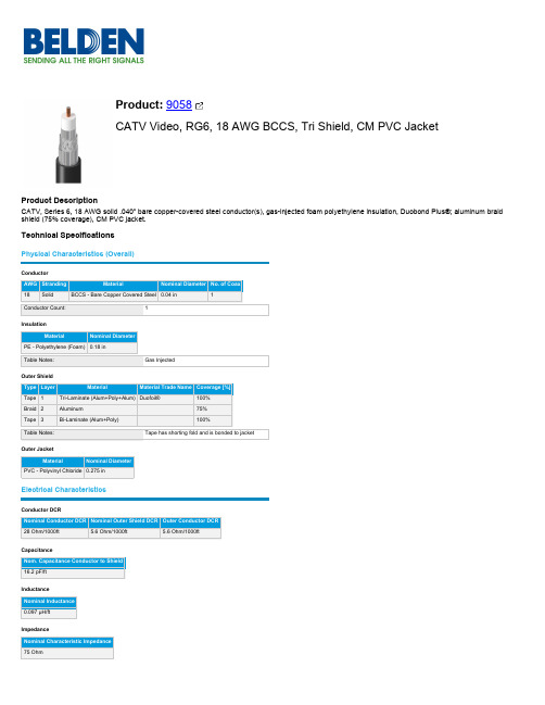 CATV视频系列6，18AWG实心BCCS，三层盾屏，CM PVC外壳说明书