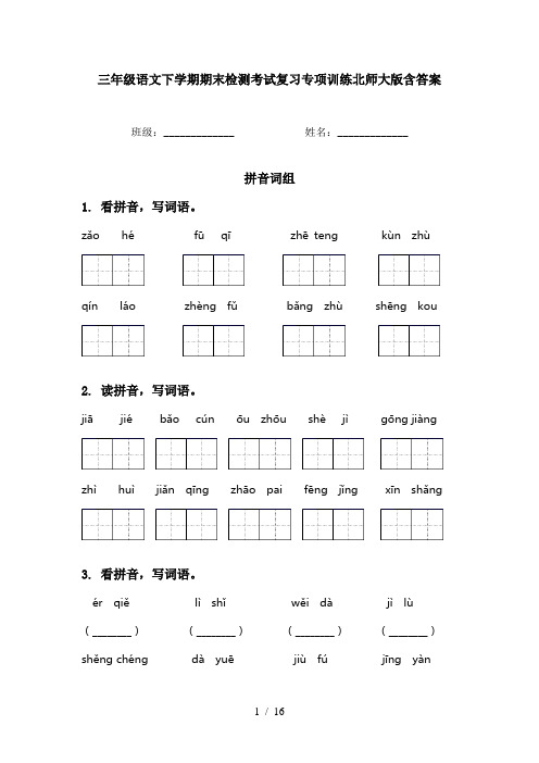 三年级语文下学期期末检测考试复习专项训练北师大版含答案