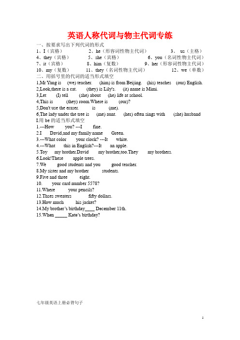 初一英语人称代词与物主代词专练