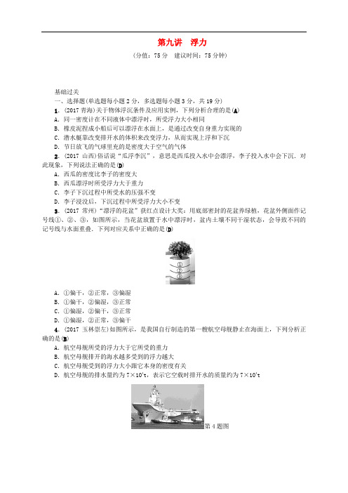 (辽宁地区)2020年中考物理总复习第九讲浮力考点跟踪突破训练题(含答案)