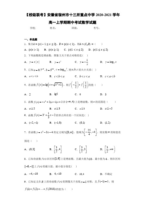【校级联考】安徽省宿州市十三所重点中学2020-2021学年高一上学期期中考试数学试题