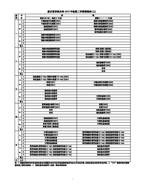 新乡医学院本科2019年级第二学期课程表(三)