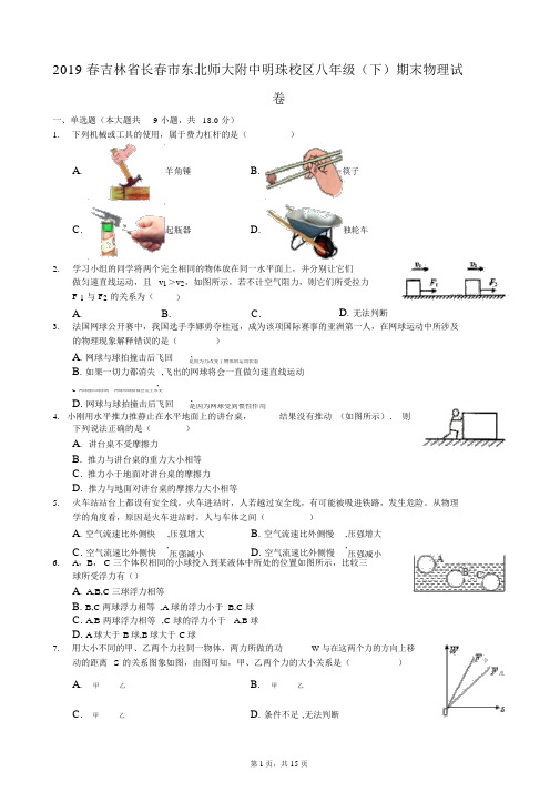 2019春吉林省长春市东北师大附中明珠校区八年级(下)期末物理试卷