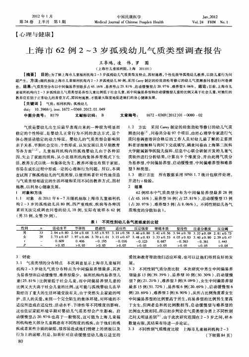 上海市62例2～3岁孤残幼儿气质类型调查报告