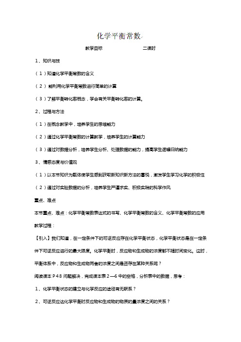 福建漳州芦城中学高二化学教案：化学反应速率与平衡化学平衡常数苏教版选修