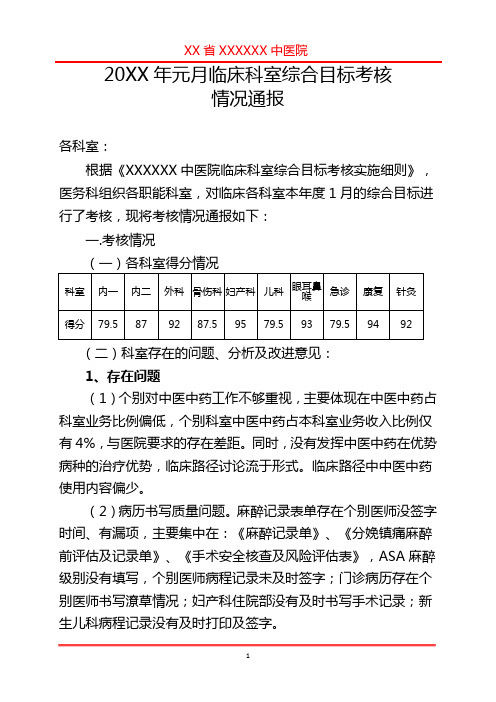 20XX年1月临床科室综合目标考核情况通报