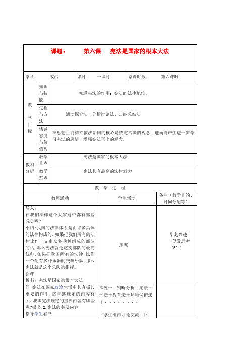 人教版初中政治九年级下册6.2宪法是国家的根本大法word教案(4)