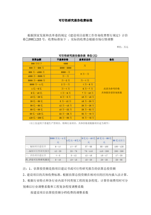 国家发改委规定的可行性研究报告收费标准