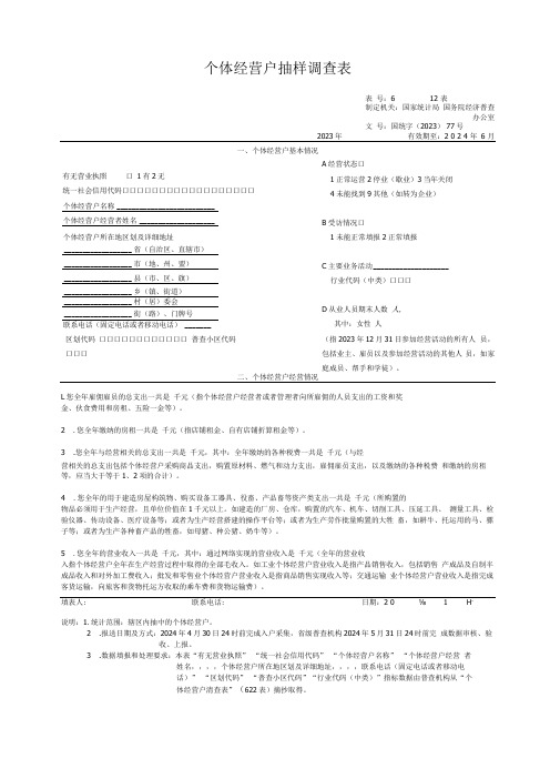 个体经营户抽样调查12表