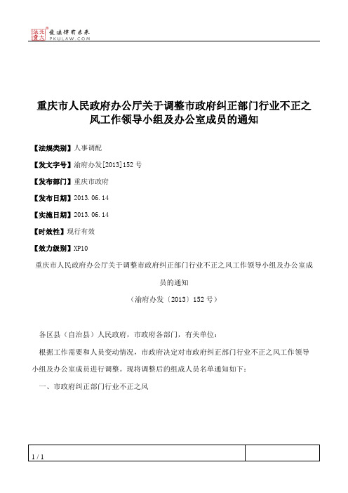 重庆市人民政府办公厅关于调整市政府纠正部门行业不正之风工作领