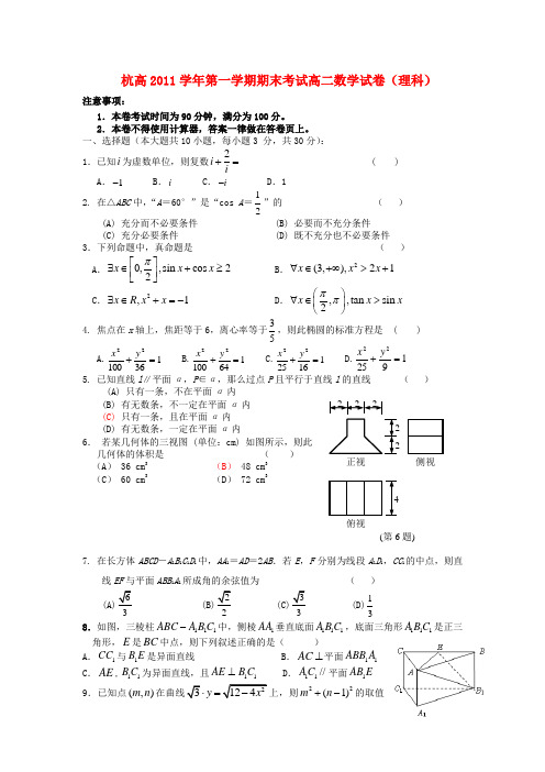 浙江省杭州高中11-12学年高二数学上学期期末试题(无答案) 理 新人教A版