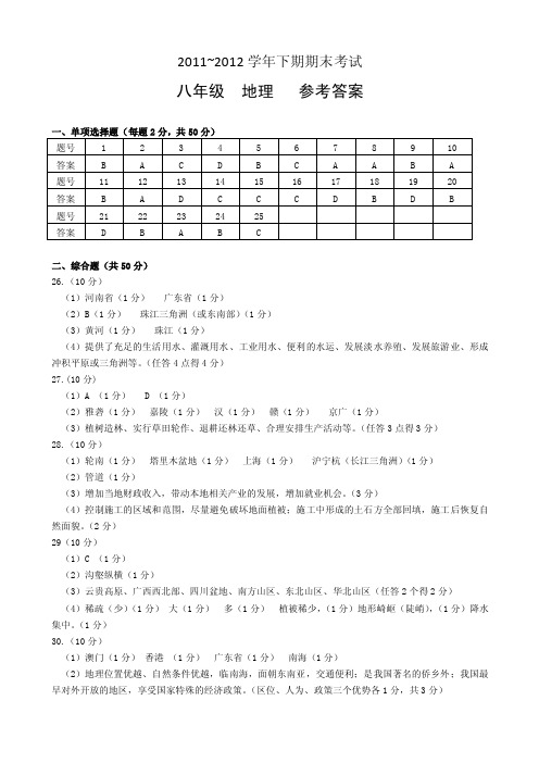 2011~2012年郑州市八年级下期期末考试生物地理参考答案