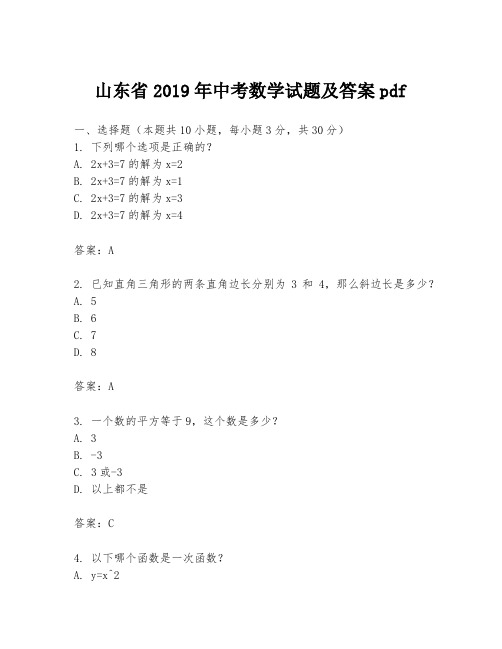 山东省2019年中考数学试题及答案pdf