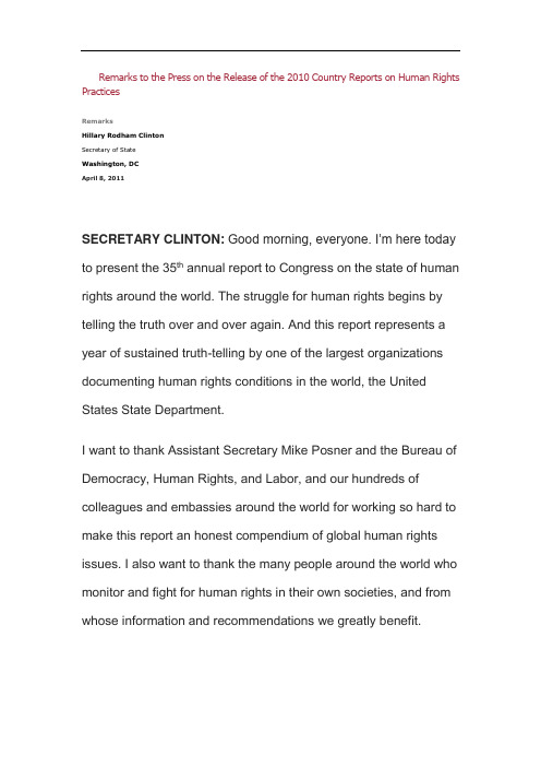 Remarks to the Press on the Release of the 2010 Country Reports on Human Rights Practices