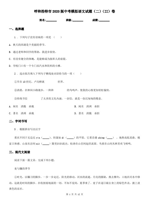 呼和浩特市2020版中考模拟语文试题(二)(II)卷