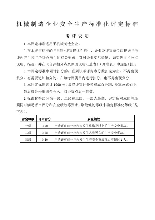 机械制造企业安全生产标准化评定标准