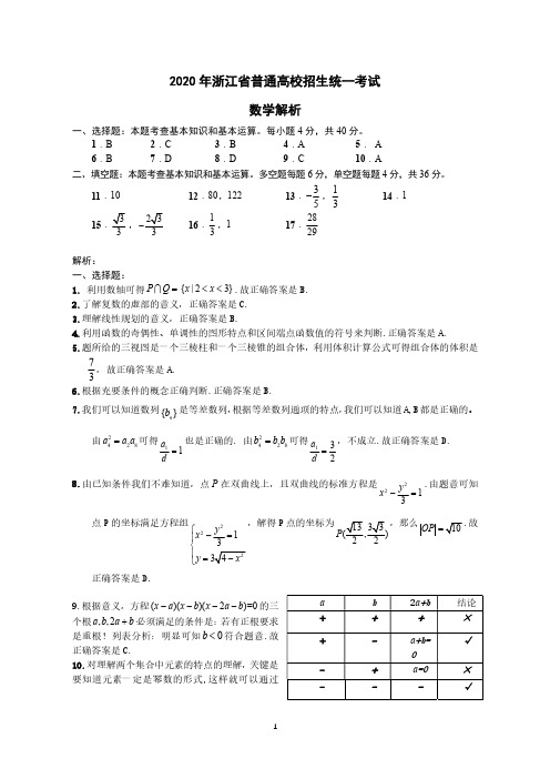 2020年浙江省普通高校招生统一考试数学试卷答案