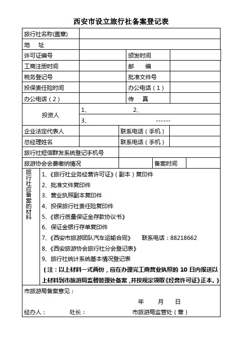 设立旅行社备案登记表