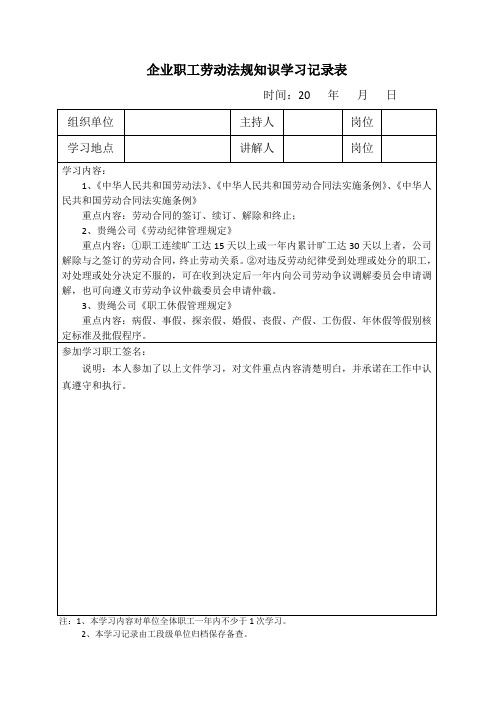 劳动法规知识学习记录表