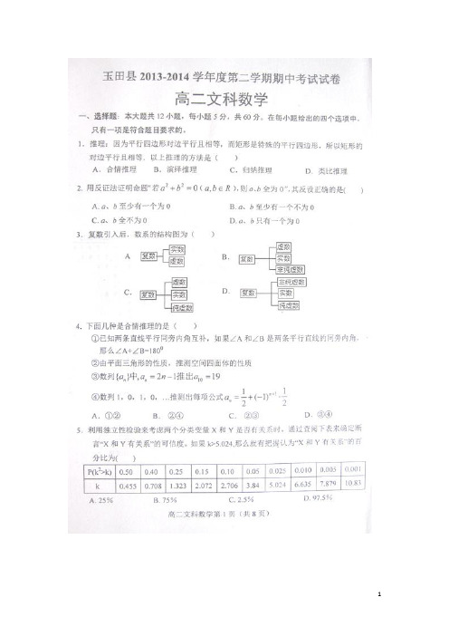 河北省玉田县高二数学下学期期中试题 文(扫描版)新人教A版