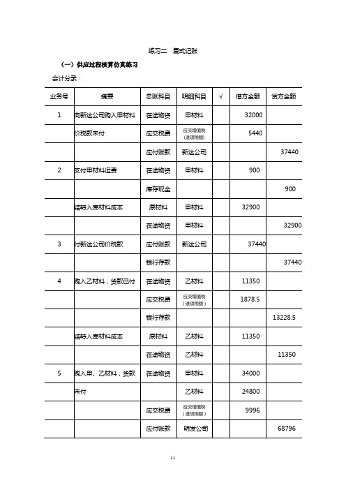 练习二 复式记账 会计学练习册习题答案
