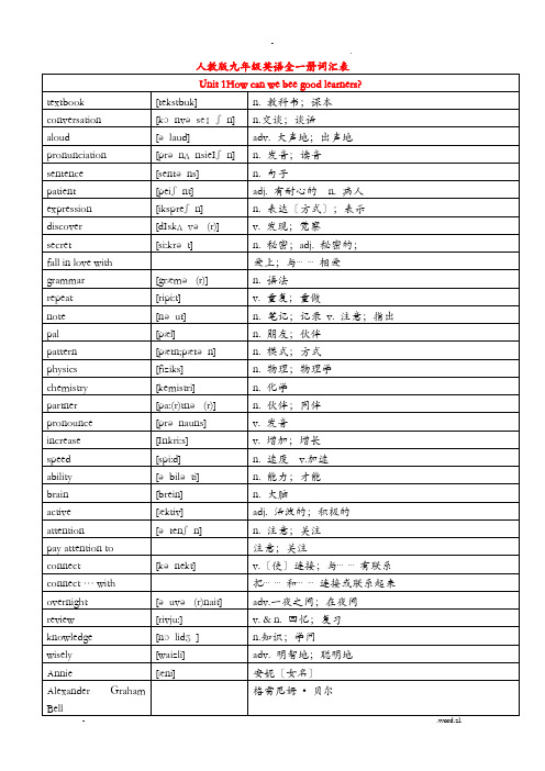 人教版九年级全册英语单词词汇表