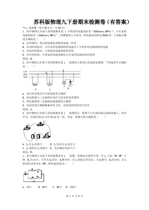 苏科版物理九下册期末检测卷(有答案)