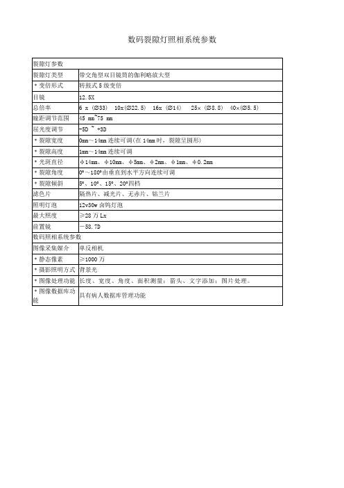 数码裂隙灯照相系统参数