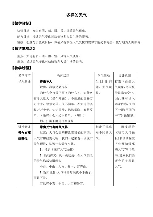 二年级科学教案 多样的天气-优秀