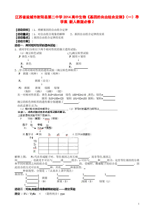 江苏省盐城市射阳县第二中学高中生物《基因的自由组合定律》(一)导学案 新人教版必修2