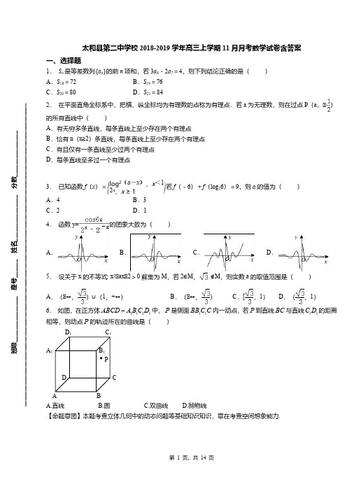 太和县第二中学校2018-2019学年高三上学期11月月考数学试卷含答案