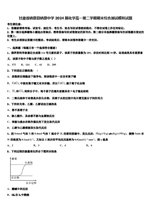 甘肃省镇原县镇原中学2024届化学高一第二学期期末综合测试模拟试题含解析