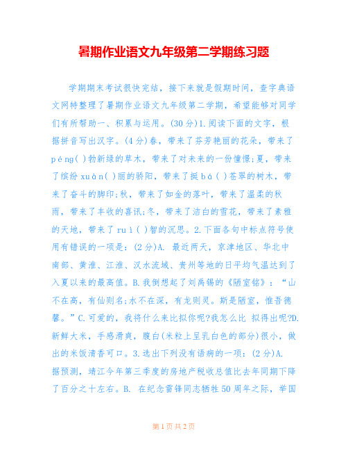 暑期作业语文九年级第二学期练习题 