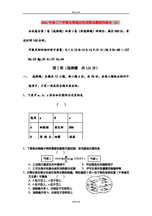 2021年高三下学期双周适应性训练试题理科综合(6)