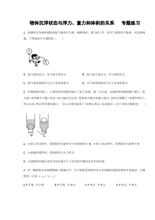 第10章 流体的力现象 物体沉浮状态与浮力、重力和体积的关系  专题练习(含答案)